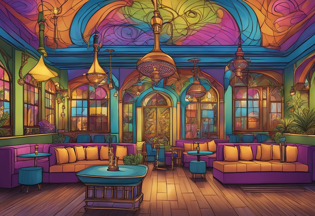 A colorful and vibrant hookah lounge in Orlando, with cozy seating, ornate hookah pipes, and a lively atmosphere. Music and laughter fill the air as patrons enjoy their hookah experience