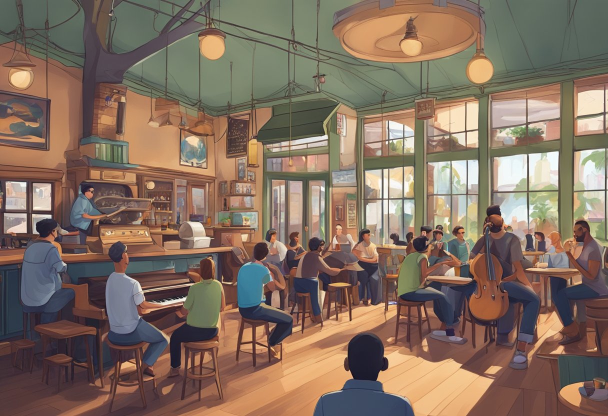 A cozy coffee shop with a stage, instruments, and a crowd enjoying live music in Orlando