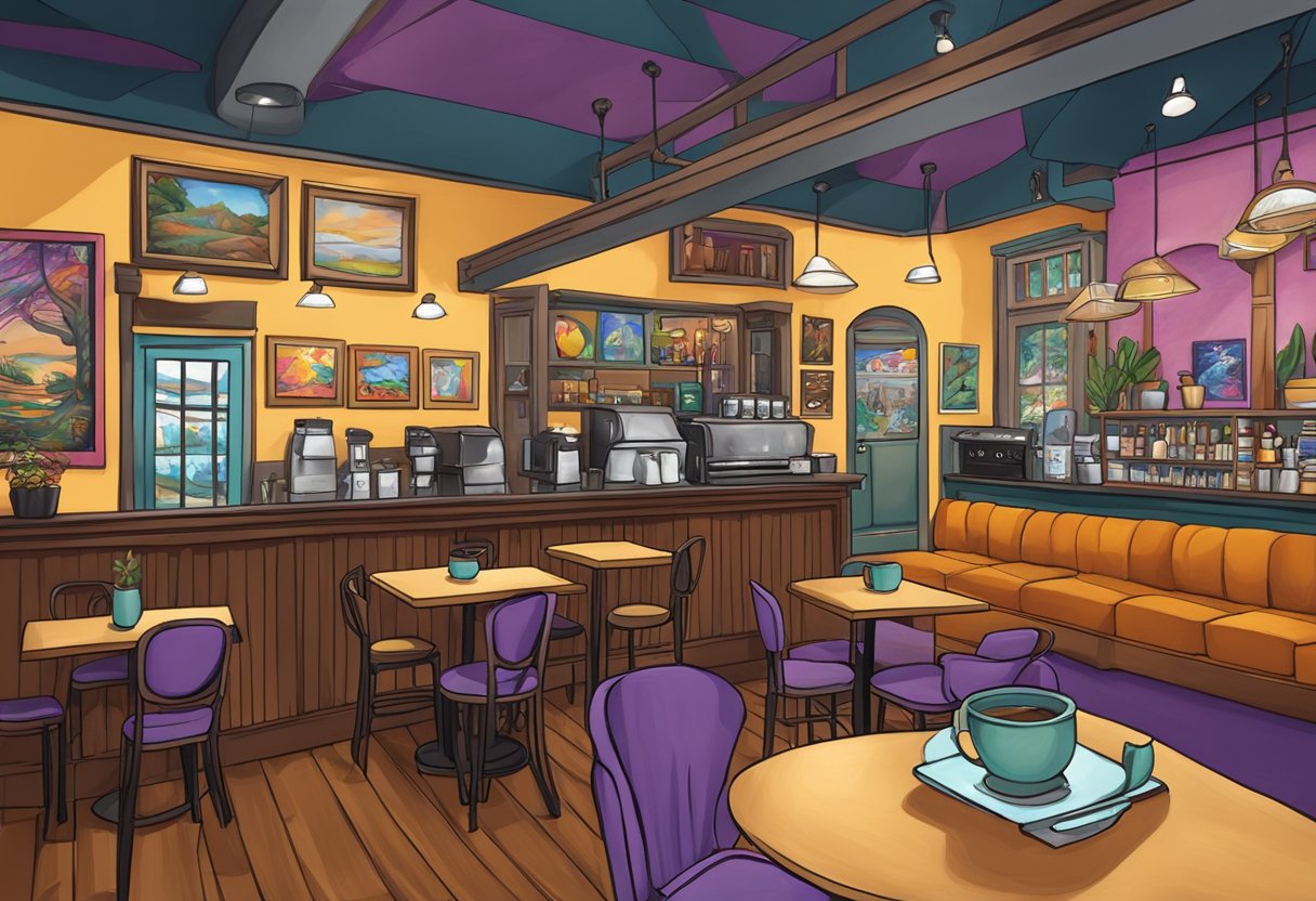 A cozy coffee shop in Orlando with vibrant artwork on the walls, a stage for live music, and a welcoming atmosphere