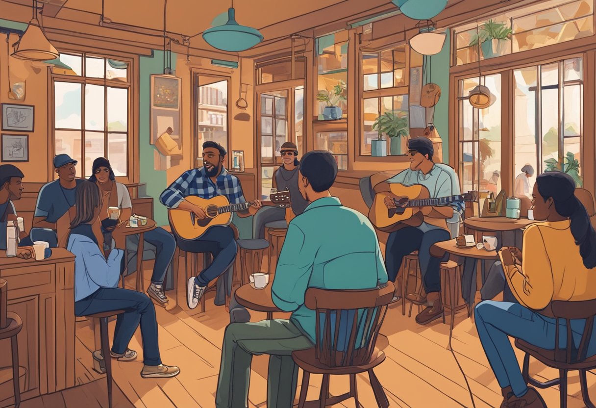 People enjoy coffee and live music in a cozy Orlando shop. Guitars and microphones set the stage, while patrons chat and sip their drinks