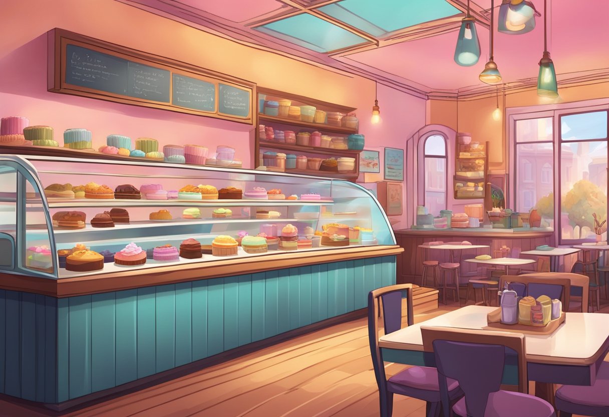 A cozy, dimly lit dessert cafe with colorful displays of cakes, pastries, and ice cream. Soft music plays as customers enjoy their sweet treats