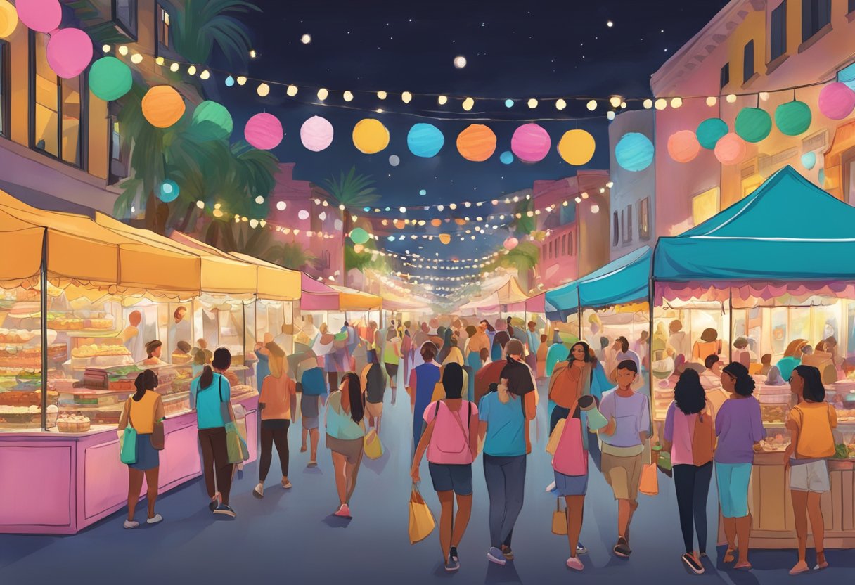 A bustling street lined with colorful dessert stalls, twinkling lights, and excited crowds at a late-night dessert festival in Orlando