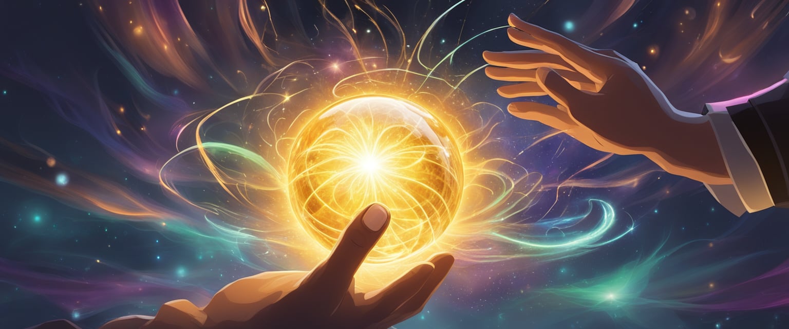 A glowing orb hovers above a person's outstretched hand, surrounded by swirling energy and sparks, as their thoughts materialize into reality