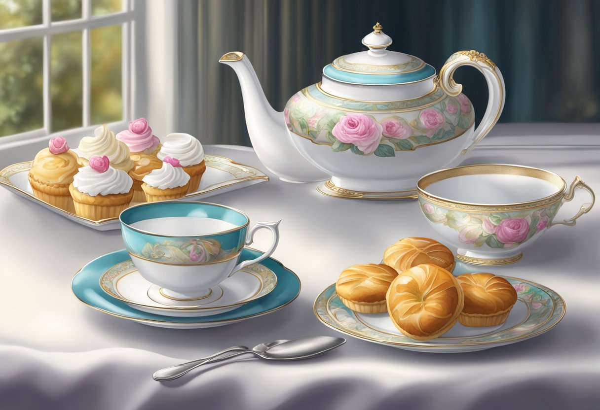 An elegant table set with fine china, silverware, and exquisite pastries. A pot of steaming tea sits alongside delicate teacups, surrounded by a luxurious atmosphere