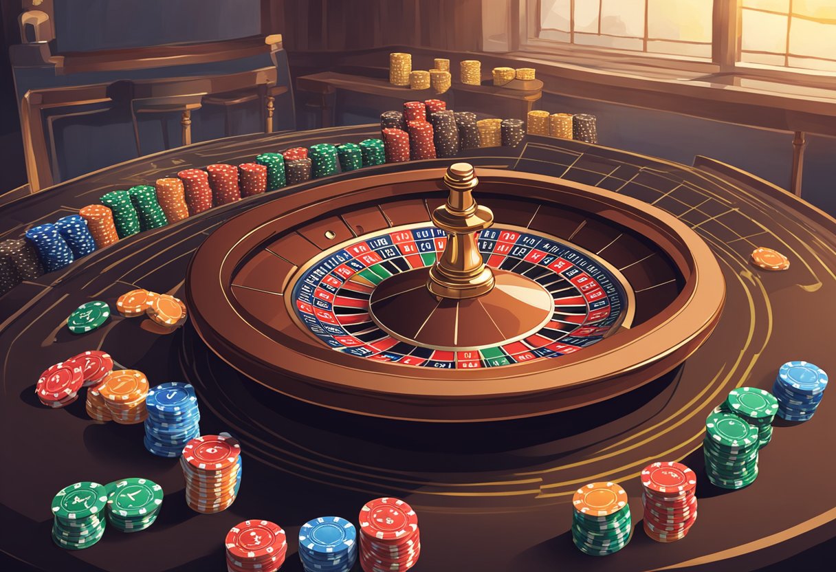 A roulette wheel with Romanosky strategy chart beside it, chips placed on the table, and a dealer ready to spin the wheel