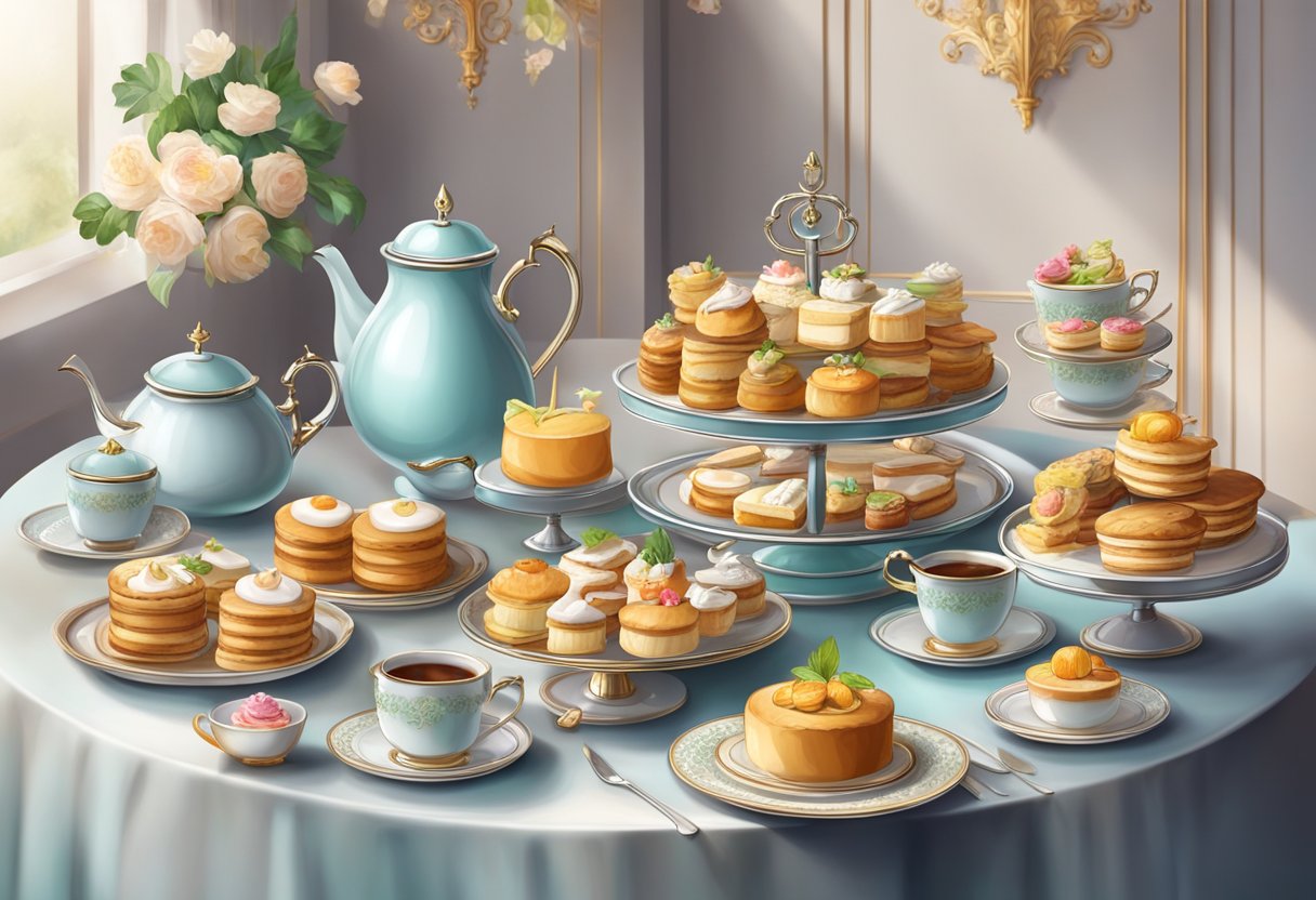 A grand table set with tiered trays of delicate pastries, scones, and finger sandwiches, accompanied by steaming pots of aromatic tea