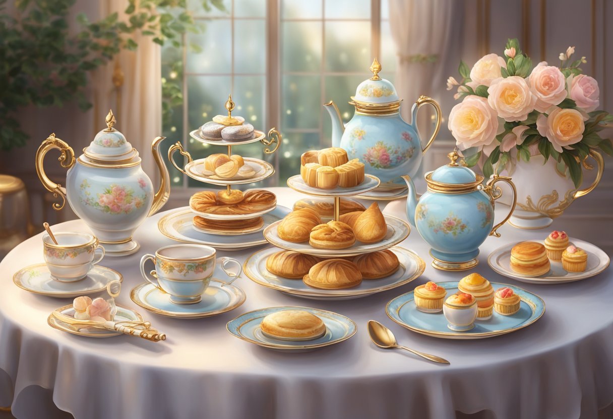 A lavish table set with delicate china, tiered trays of pastries, and pots of steaming tea, surrounded by elegant decor and soft lighting