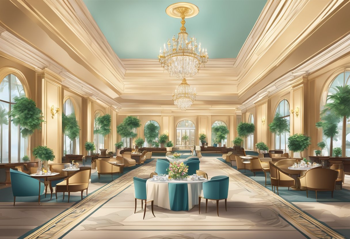 A grand hotel lobby with elegant tables set for high tea, surrounded by opulent decor and attentive staff