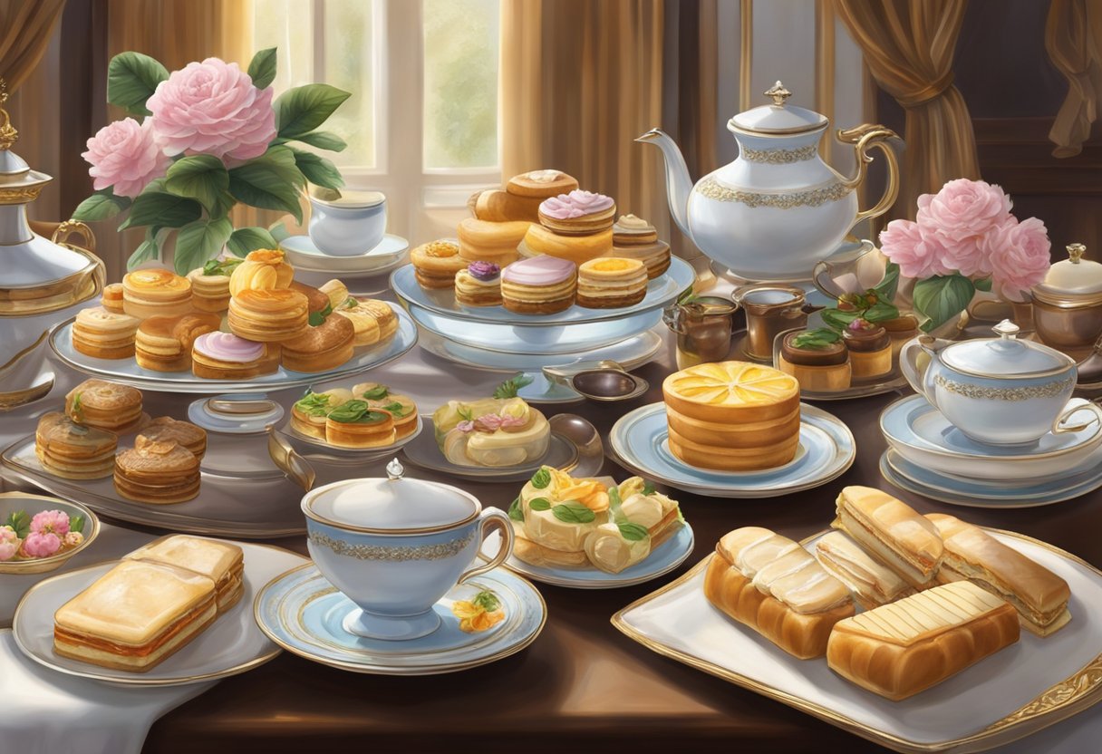 A lavish spread of delicate pastries and finger sandwiches adorns a beautifully set table, accompanied by steaming pots of fragrant tea, in a luxurious Orlando setting