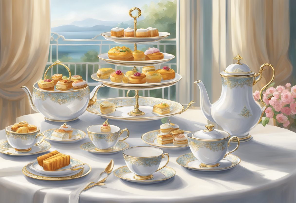 Guests enjoy elegant tea service in a luxurious setting with delicate pastries and fine china. The atmosphere is refined and sophisticated, with attention to every detail