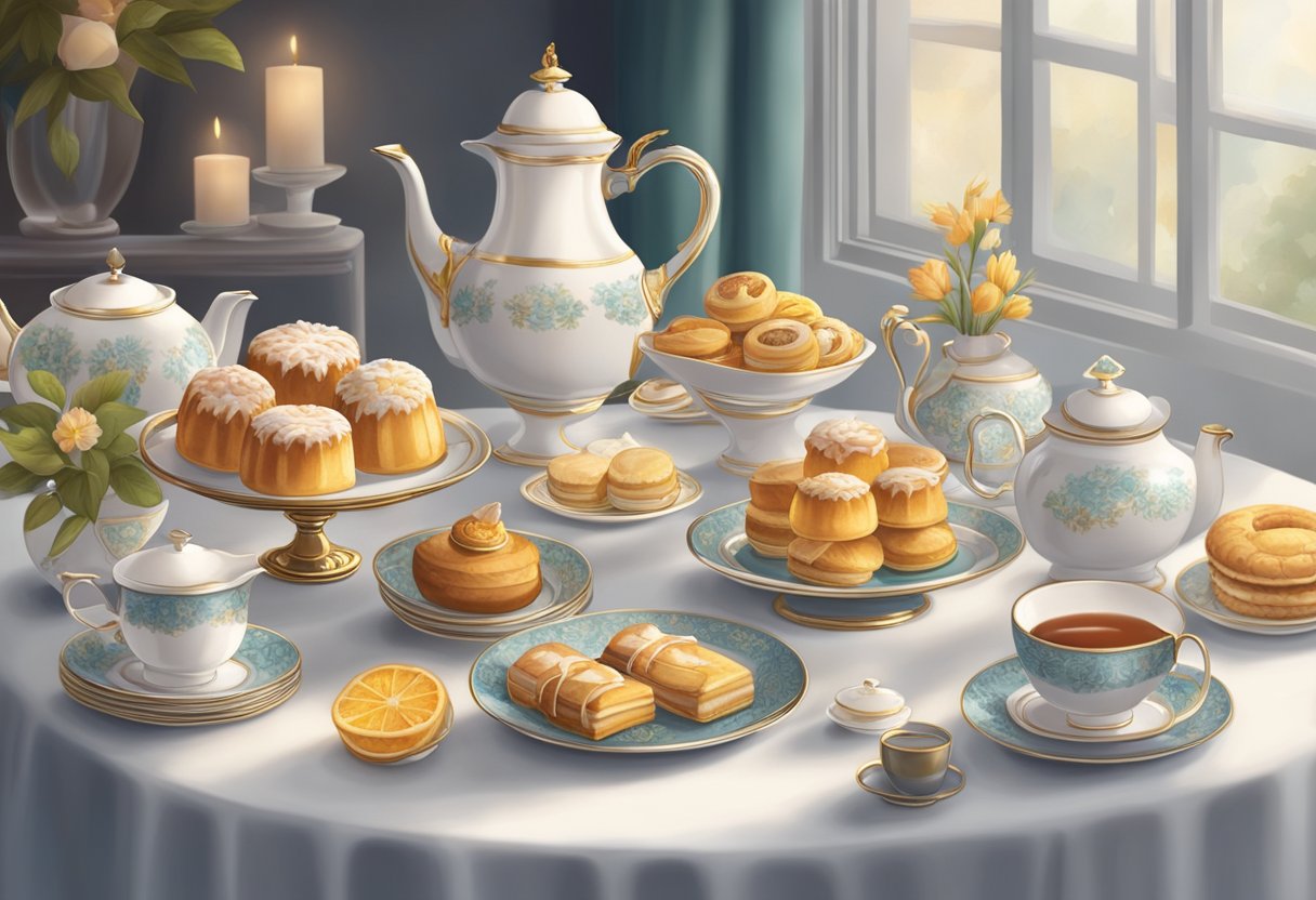 A table set with fine china, delicate pastries, and steaming pots of tea, surrounded by elegant decor and soft lighting