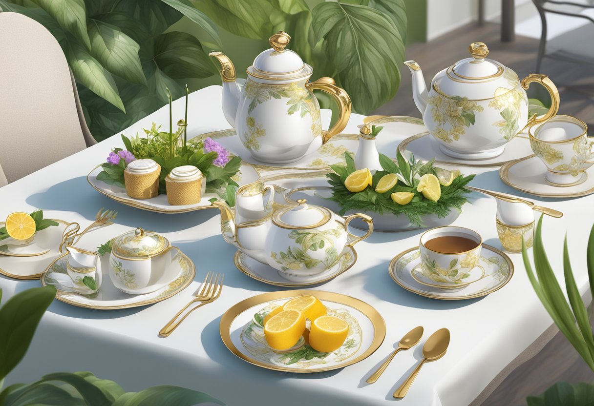 A table set with elegant, eco-friendly tea service items, surrounded by lush greenery and sustainable decor, creating a luxurious yet environmentally responsible atmosphere for high-end afternoon tea in Orlando