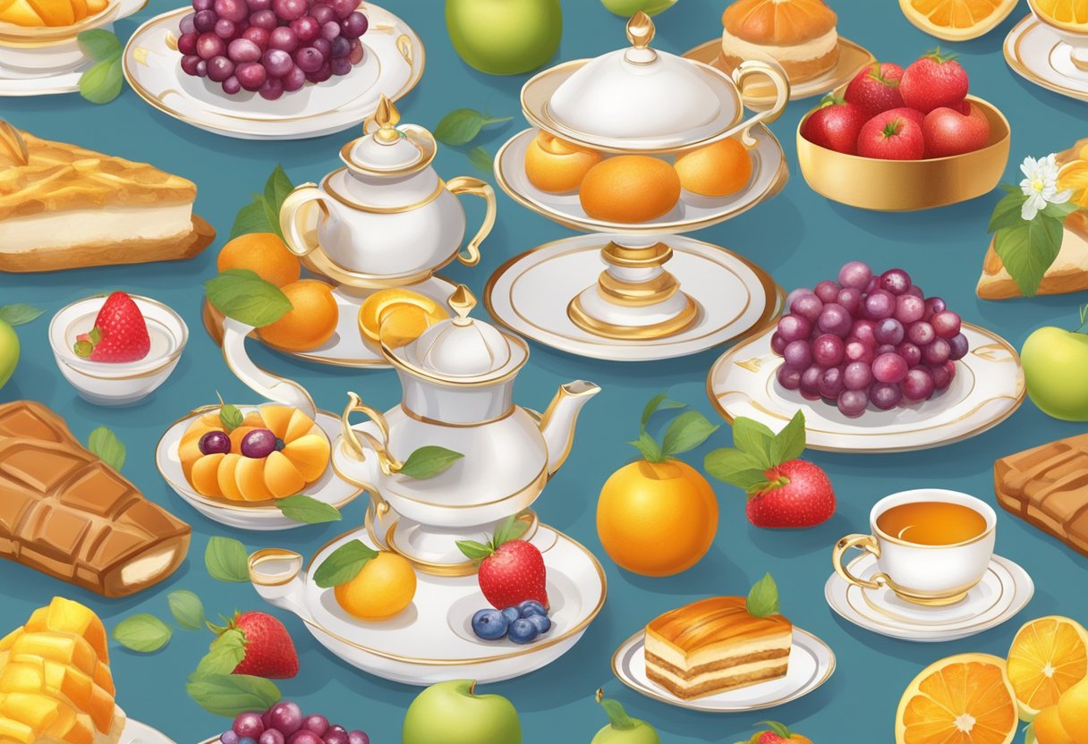 A table set with elegant teapots, delicate pastries, and colorful fruit, surrounded by luxurious decor and soft lighting