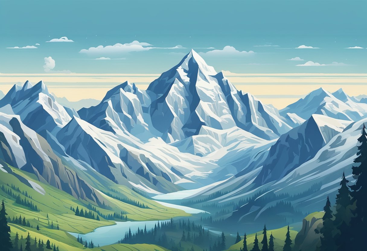 Snow-capped peaks tower over a serene valley, with misty clouds swirling around the rugged cliffs. The mountains stand as silent sentinels, offering a sense of both strength and tranquility