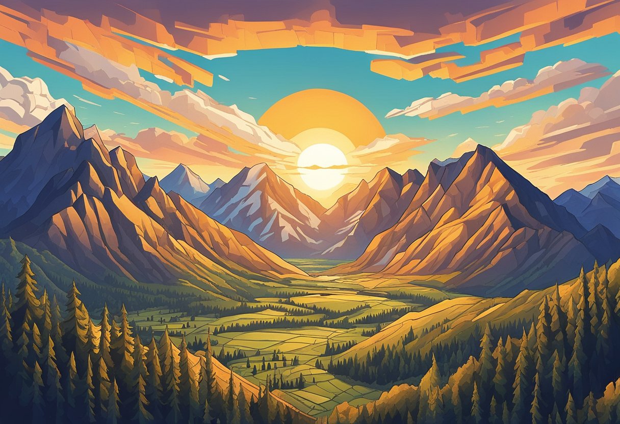 A majestic mountain range looms in the distance, its peaks reaching towards the sky. The sun sets behind them, casting a warm glow over the rugged terrain