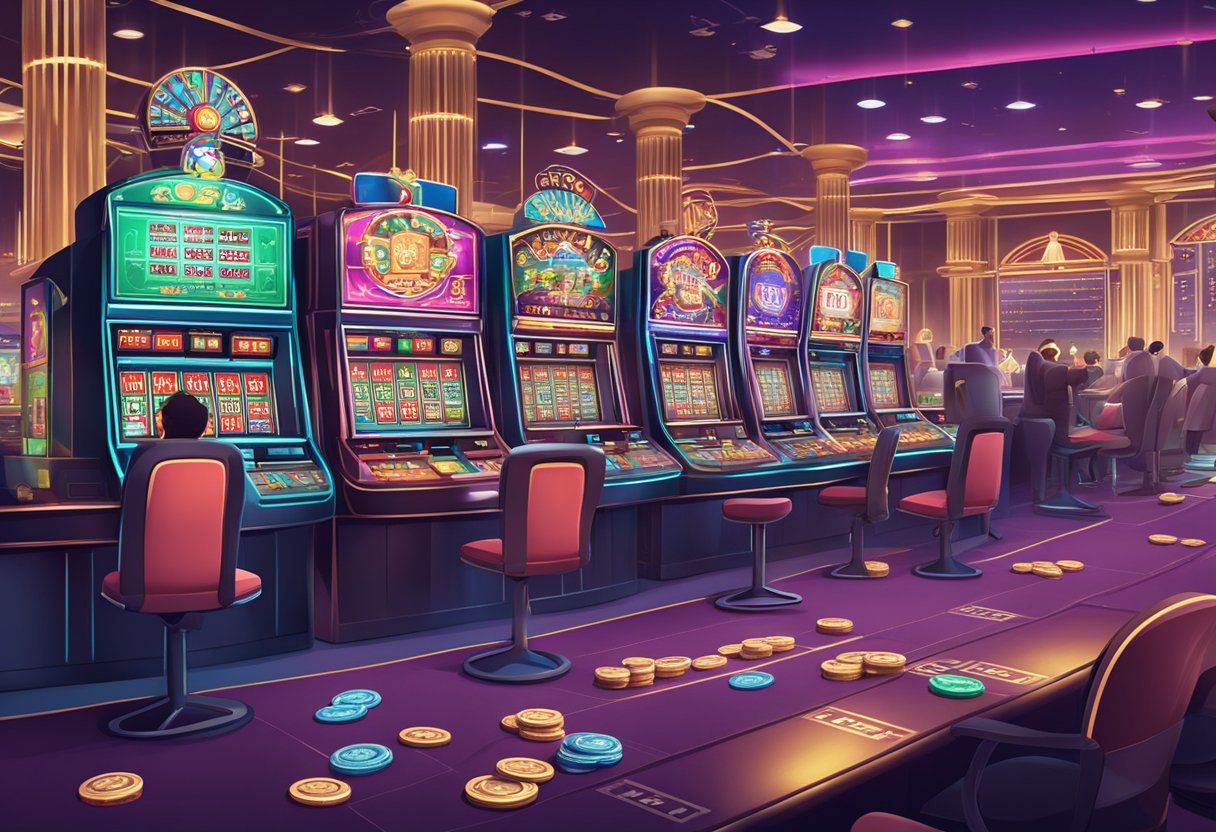A bustling online casino with virtual slot machines and card games, surrounded by economic data and job statistics