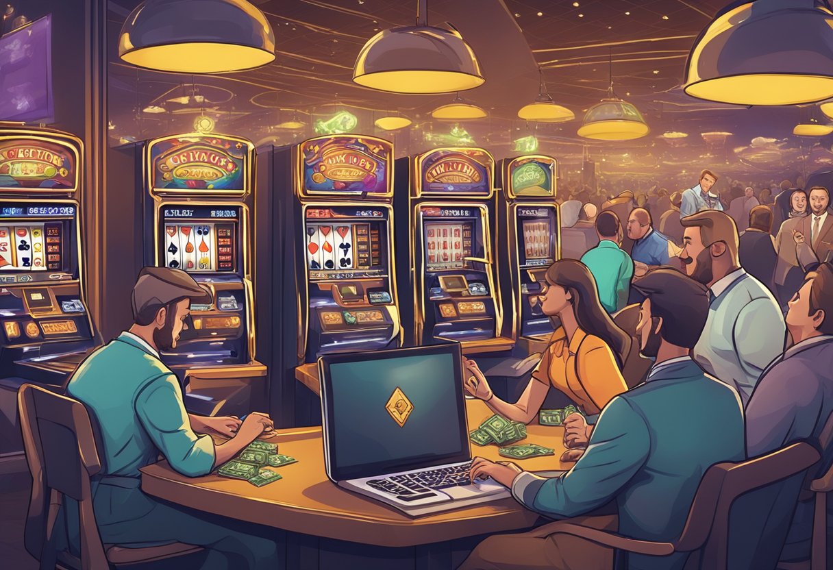 A bustling online casino with money flowing in and out, creating jobs and boosting the economy. Customers are engaged and excited, impacting public perception and behavior