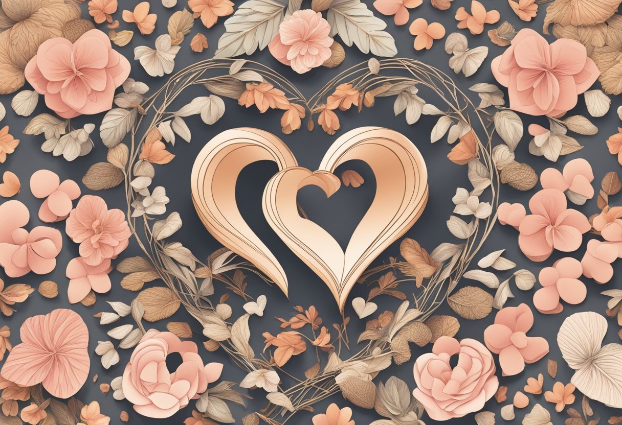 Two hearts intertwined, surrounded by delicate petals and soft, warm colors, symbolizing the magic of falling in love