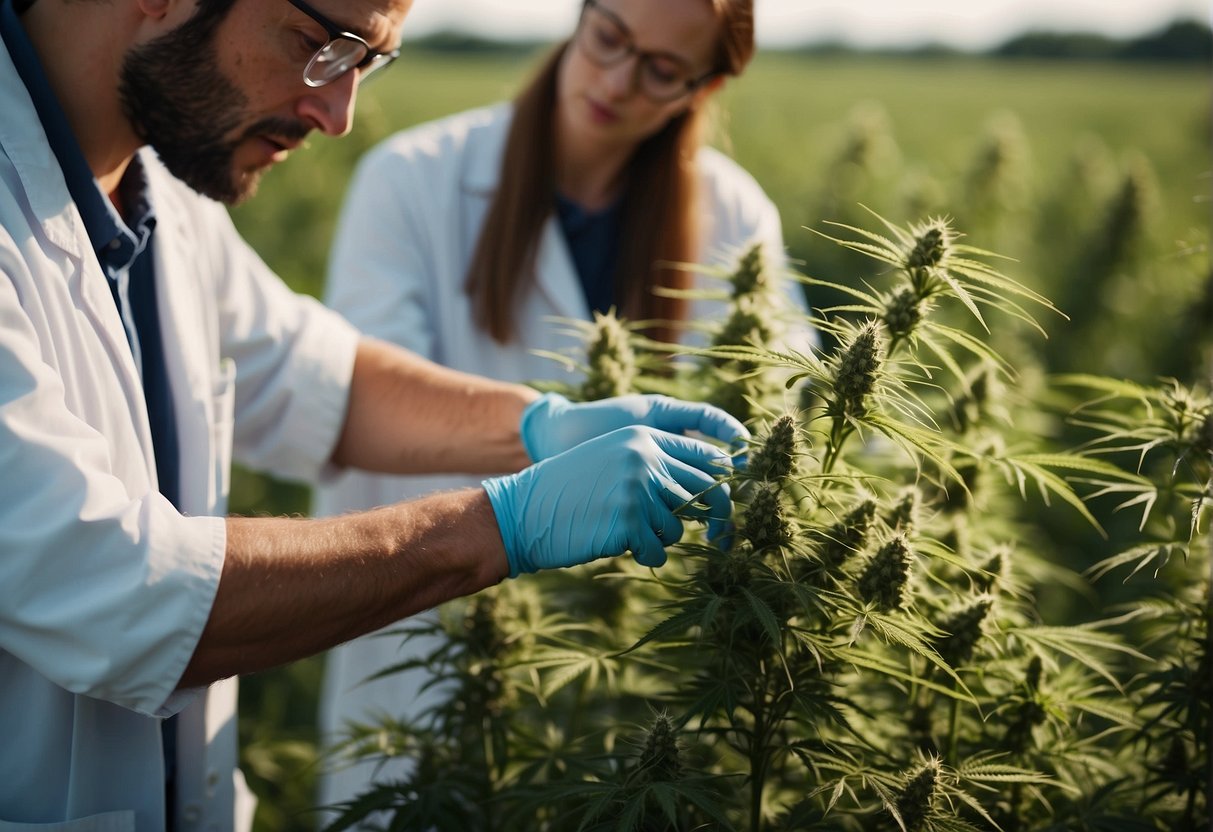 A serene landscape with a field of hemp plants, a laboratory setting with scientists extracting CBD, and a diverse group of people using CBD products for various health benefits