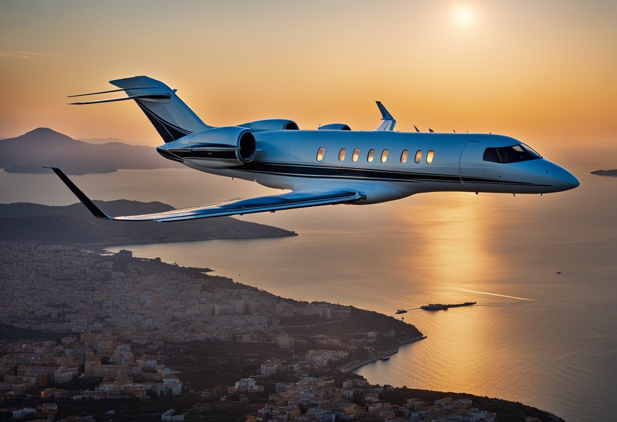 A private jet soaring over the blue Aegean Sea towards the ancient city of Athens, with the sun setting in the background