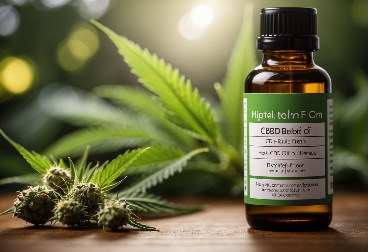A bottle of CBD oil with a label listing potential side effects and safety concerns. A leaflet with detailed information next to it