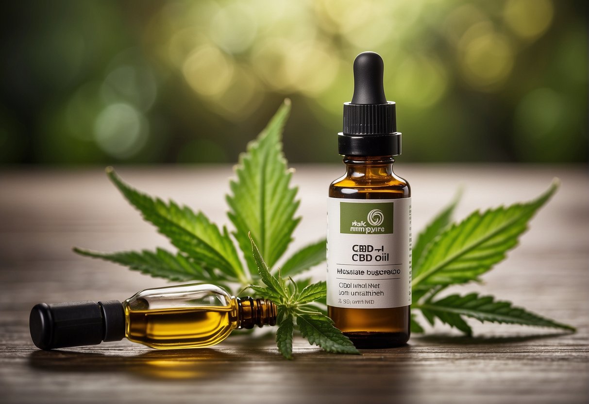 A bottle of CBD oil sits next to a dropper and dosage guidelines. The label clearly displays the product name and recommended dosage for various conditions