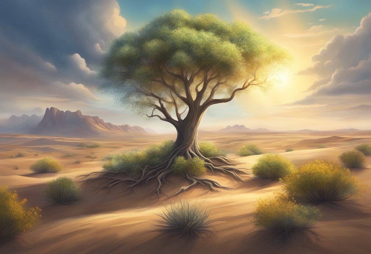 A blooming tree surrounded by withering plants in a desert, as a ray of light breaks through the clouds, symbolizing spiritual growth and overcoming barrenness