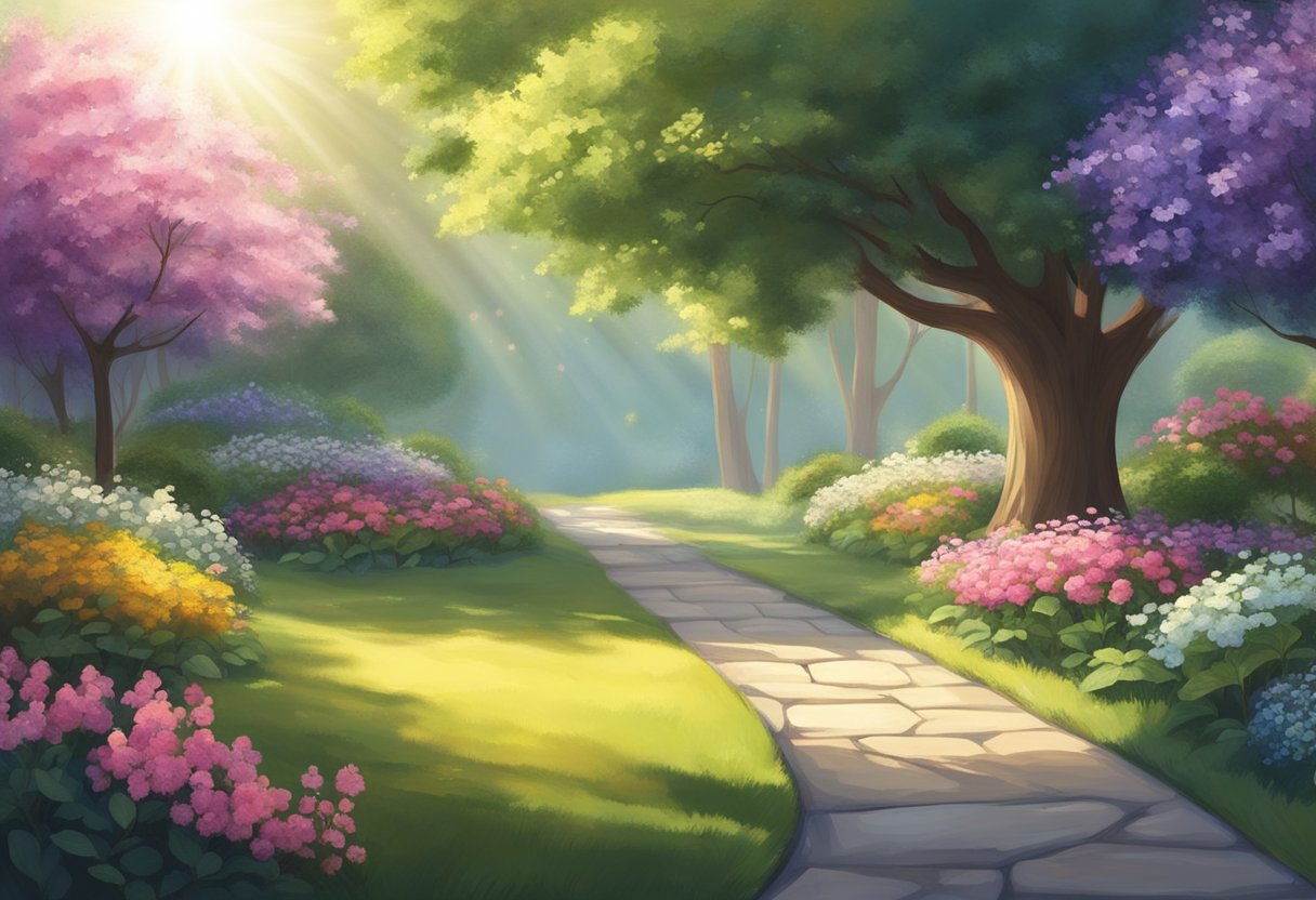 A serene garden with a lone tree surrounded by flowers. Sunlight streams through the branches, illuminating the path of growth and renewal