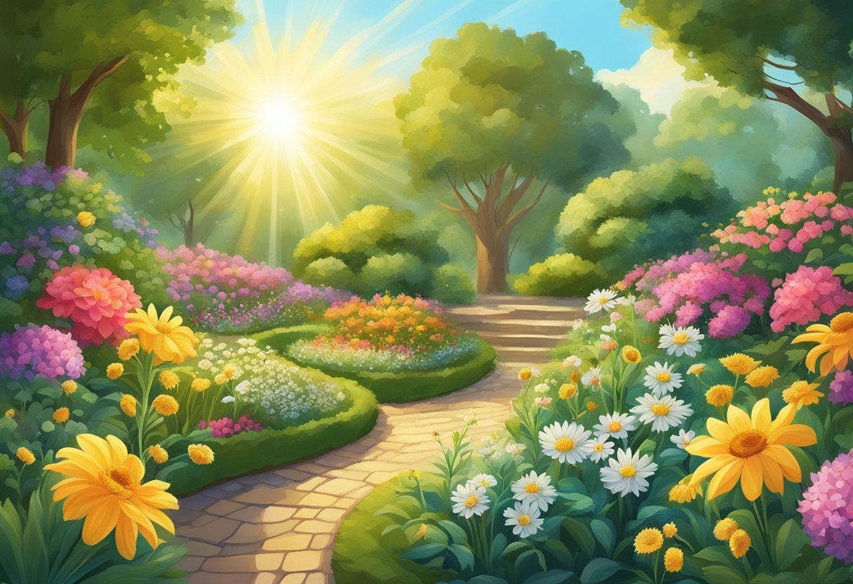 A flourishing garden with vibrant, blooming flowers and lush greenery, surrounded by rays of golden sunlight, symbolizing spiritual fertility and growth
