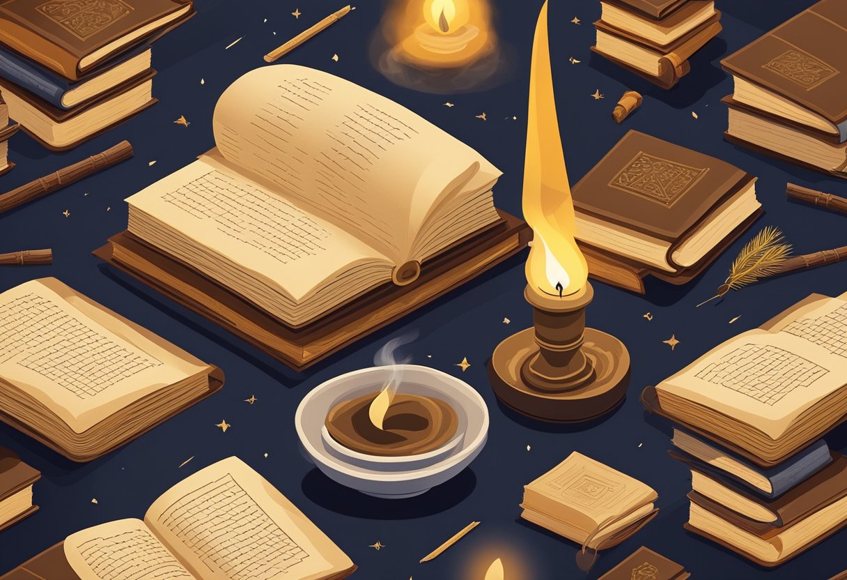 A stack of ancient books, an open scroll, and a quill resting on a desk with a flickering candle, surrounded by wisps of incense smoke