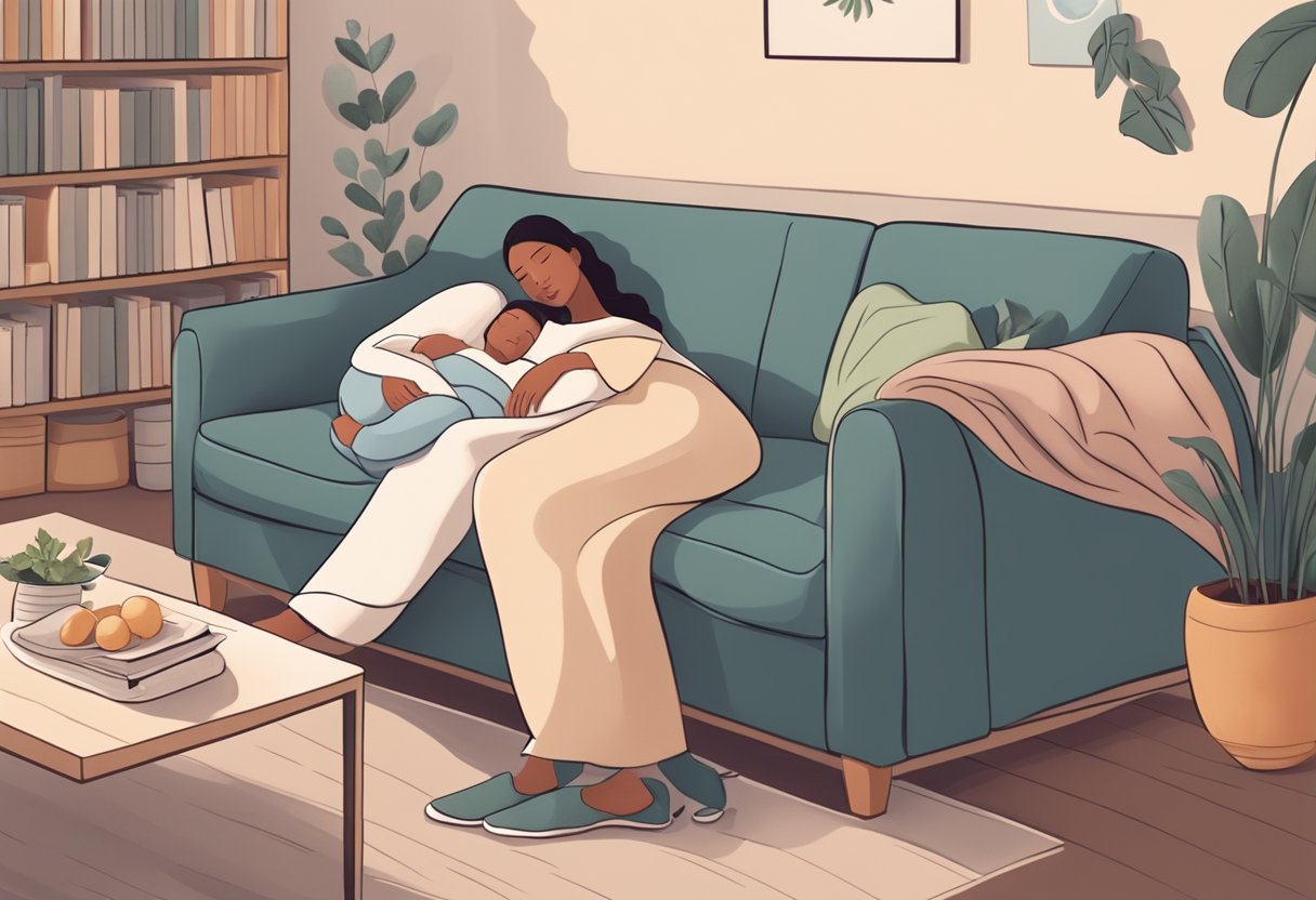 A pregnant woman with chronic fatigue syndrome rests on a cozy couch, surrounded by supportive family members and a comforting environment