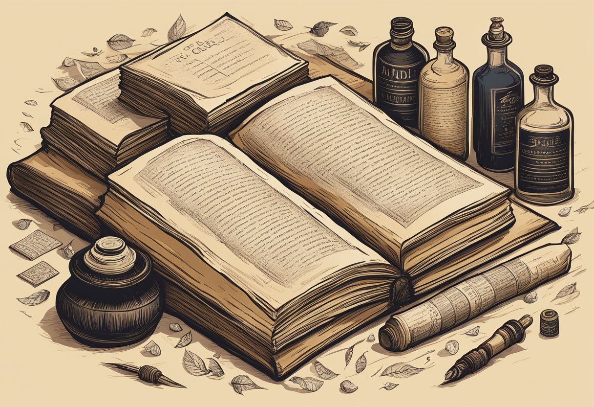A stack of aged parchment with wise quotes, surrounded by quills and ink bottles, set against a backdrop of a serene library