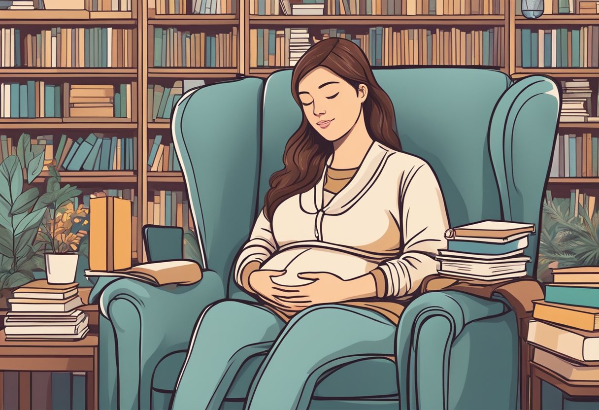 A pregnant woman with Chronic Fatigue Syndrome sits in a cozy chair, surrounded by supportive resources like books, online forums, and a caring partner