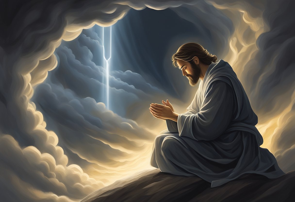 A figure kneels in a beam of light, surrounded by swirling dark clouds. Their hands are clasped in prayer, while beams of light pierce through the darkness, symbolizing the power of prayer against temptations and sin