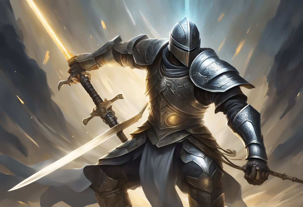 A figure clad in armor wields a sword, surrounded by swirling dark forces. Light shines from above, illuminating the figure's determined stance