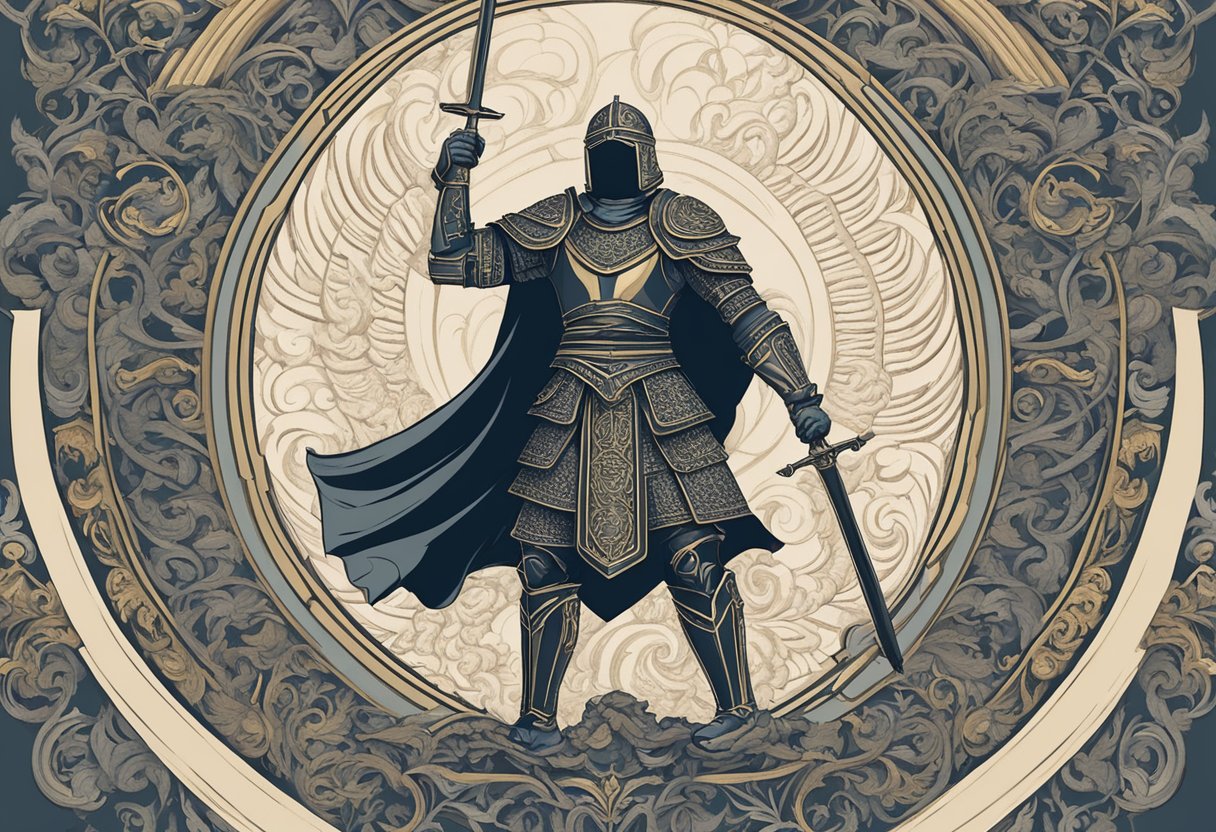 A figure stands in a powerful stance, surrounded by swirling words of scripture. The figure is encased in armor, holding a sword aloft, ready to do battle against temptations and sin
