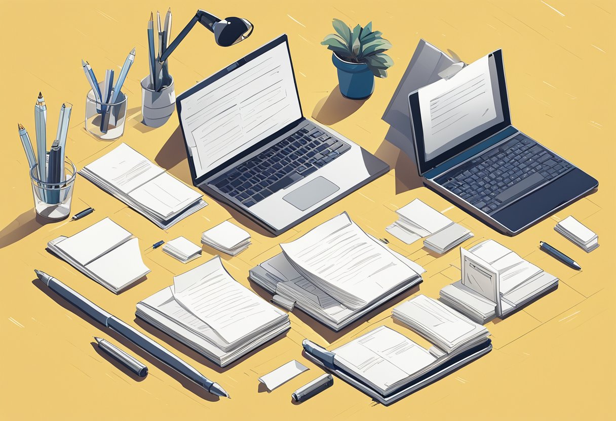 A desk with scattered papers and a laptop open to a list of quotes. A pen and notebook sit nearby. Sunlight streams through a window, casting shadows on the items