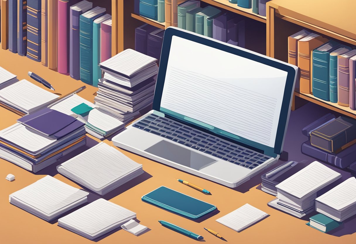 A desk with a stack of papers, a pen, and a laptop. A bookshelf filled with various books in the background. A quote list displayed on the laptop screen
