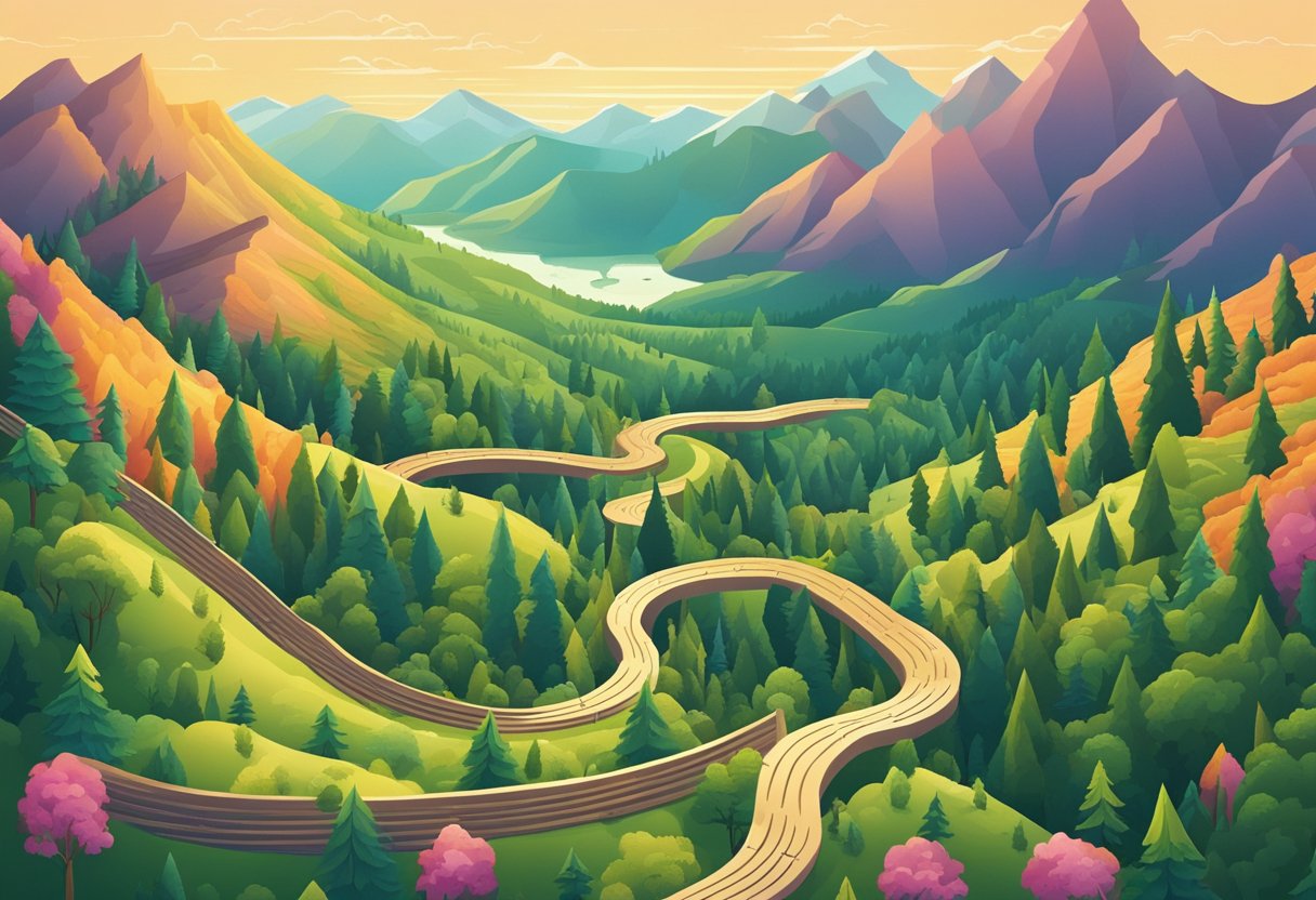 A winding path through mountains and forests, with a setting sun in the distance and a sense of adventure in the air