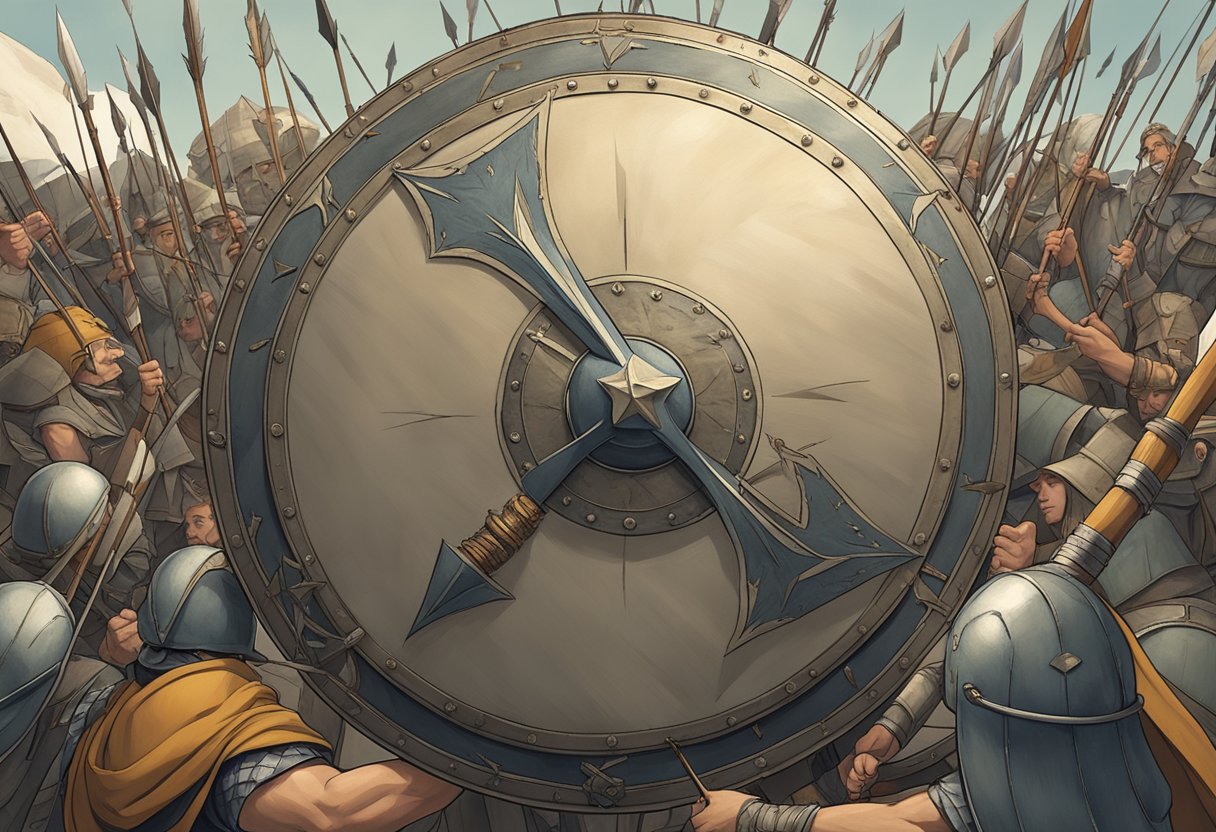 A sturdy shield is held aloft, deflecting arrows and protecting a traveler on their journey