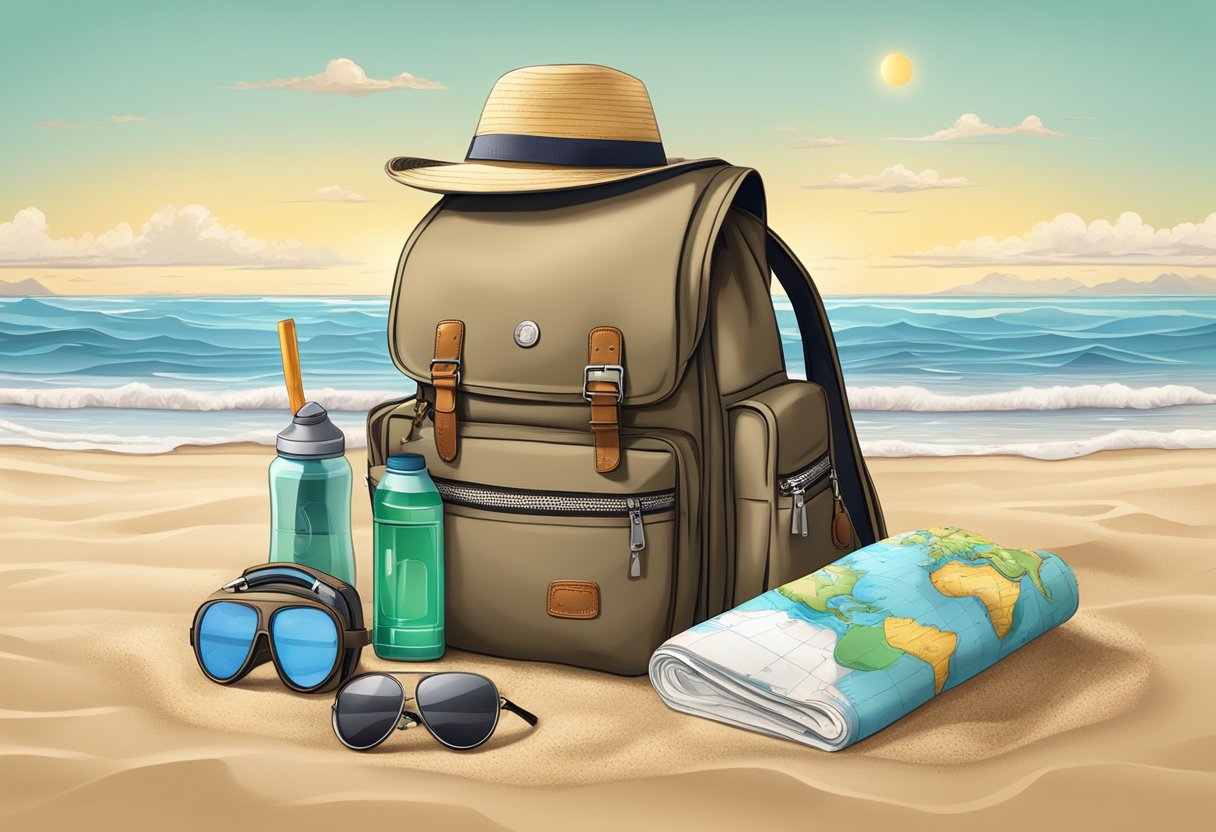 A traveler's backpack sits on a sandy beach, surrounded by a compass, map, and first aid kit. A sun hat and sunglasses rest on top, ready for adventure
