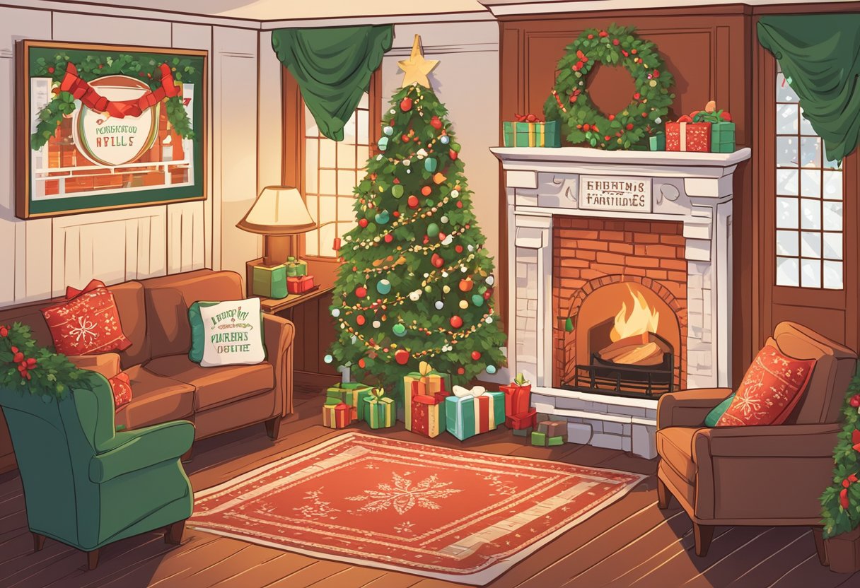 A cozy fireplace adorned with twinkling lights and holly, surrounded by festive holiday quotes on cards and banners