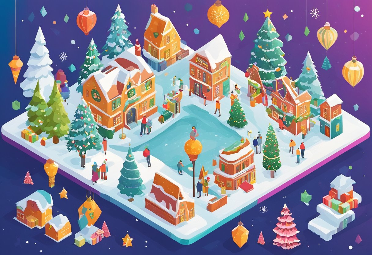 A festive holiday scene with a list of quotes displayed on a colorful background, surrounded by seasonal decorations and symbols