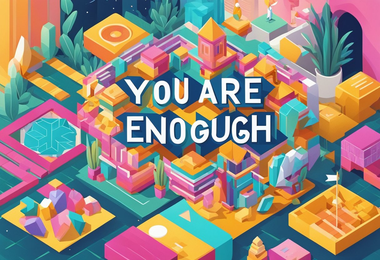 A banner with the words "you are enough" hangs against a backdrop of vibrant colors and uplifting symbols