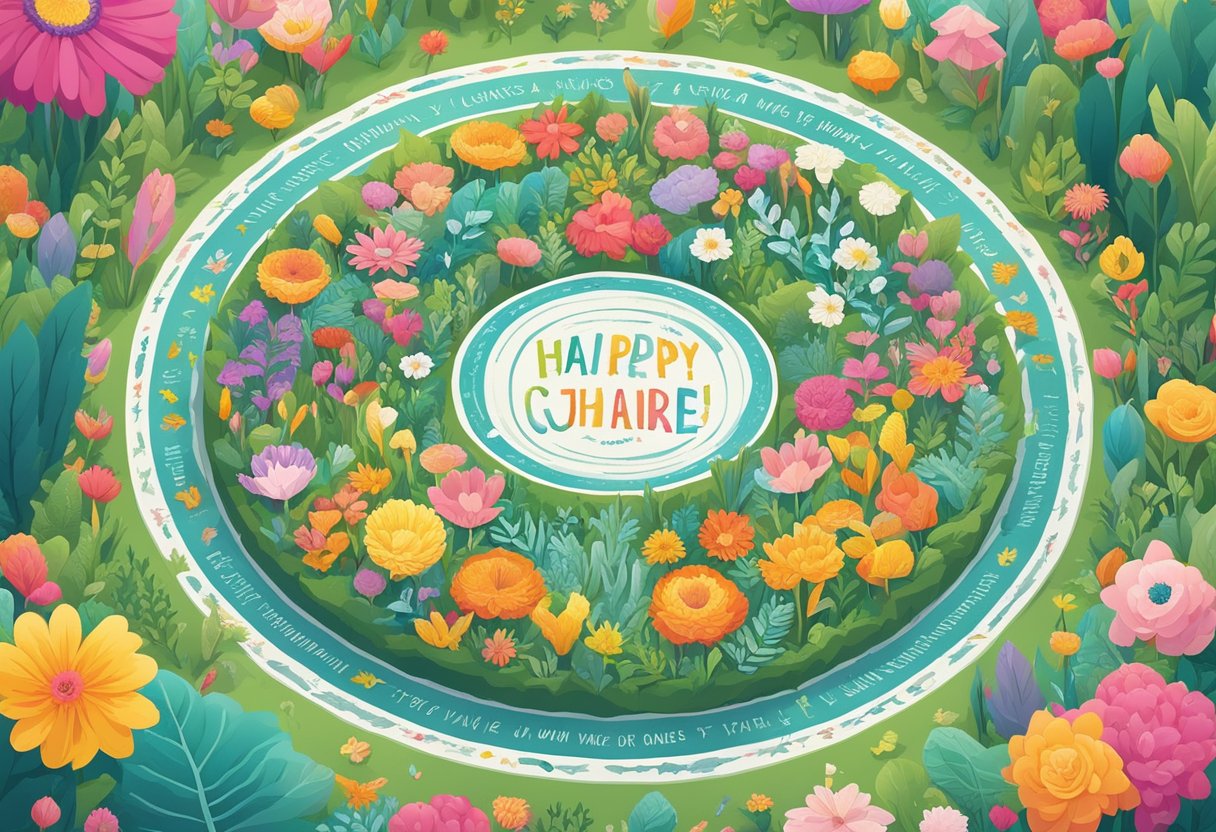 A colorful array of uplifting quotes arranged in a circular pattern, surrounded by vibrant floral and nature elements