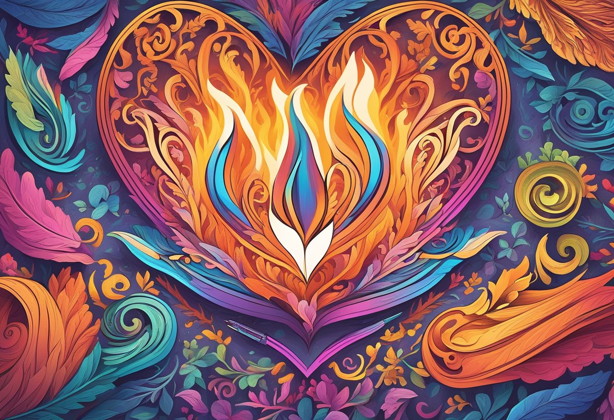 A heart-shaped flame burns brightly beside a quill pen, surrounded by swirling words and vibrant colors