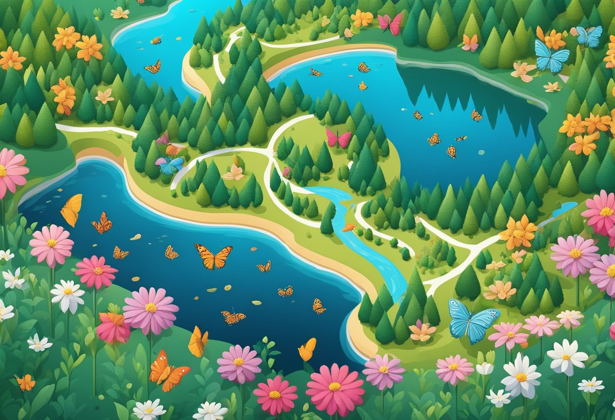A serene forest with a winding river, surrounded by colorful flowers and vibrant butterflies, under a clear blue sky