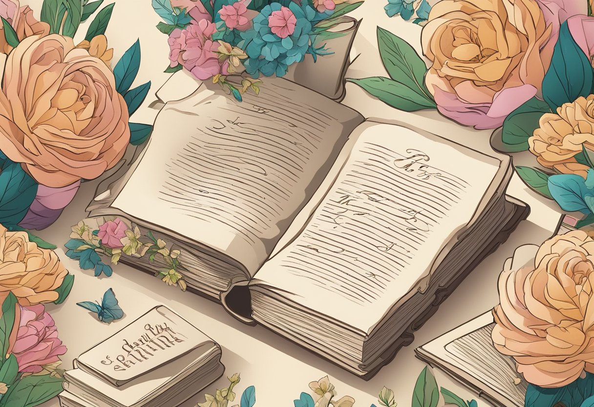 A stack of books, a quill pen, and a parchment with a beautiful calligraphy quote on it. A vase of fresh flowers sits nearby