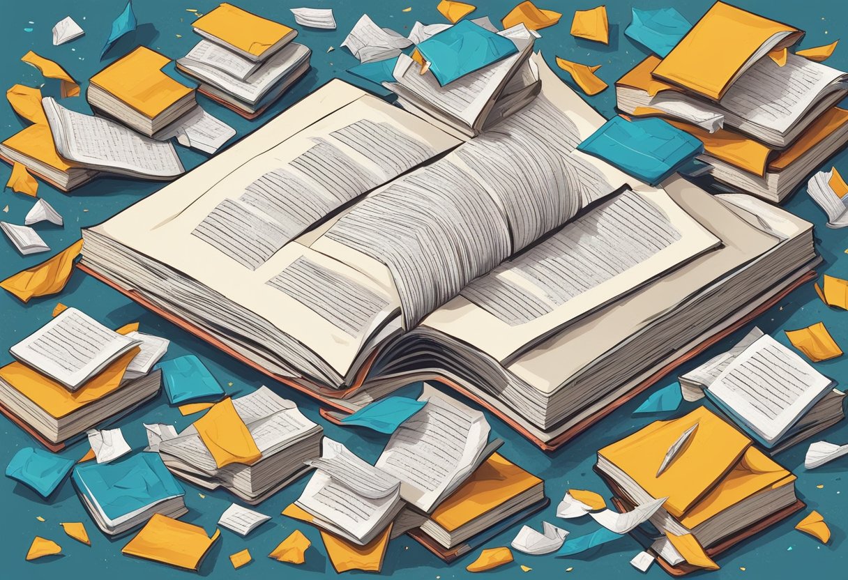 A pile of open books with pages fluttering in the wind, surrounded by scattered pens and crumpled pieces of paper