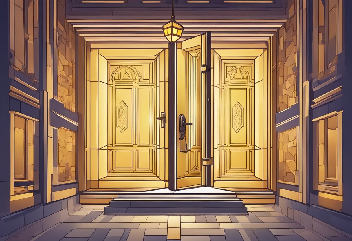 A door with a key in the lock, surrounded by glowing light and a path leading to it